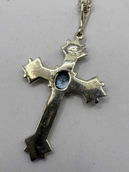 Quality 925 Sterling Silver Stone Set Cross Pendant & Chain • 7.34 Grams