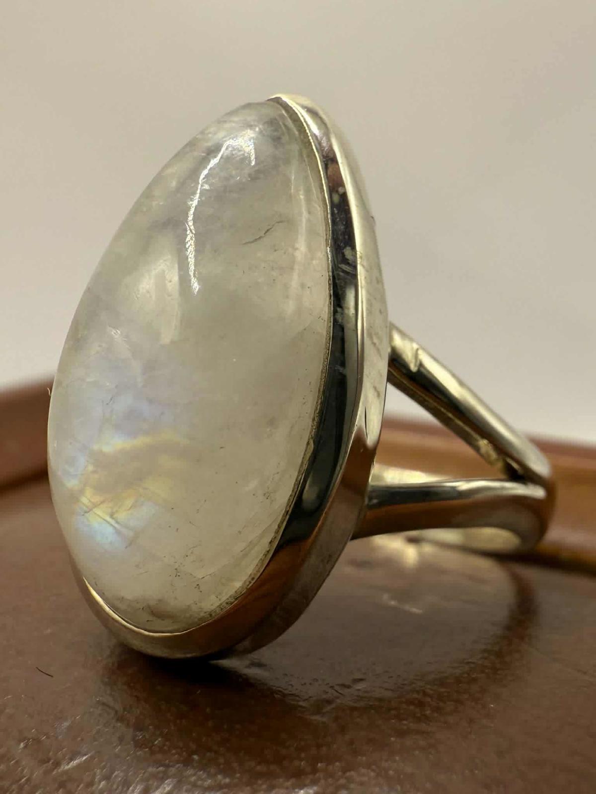 Quality 925 Sterling Silver Moonstone Set Ring • Size - N • 5.51 Grams