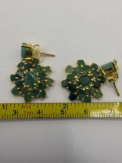 Quality 925 Gold Plated Emerald Cluster Dangle Earrings - 6.19 Grams