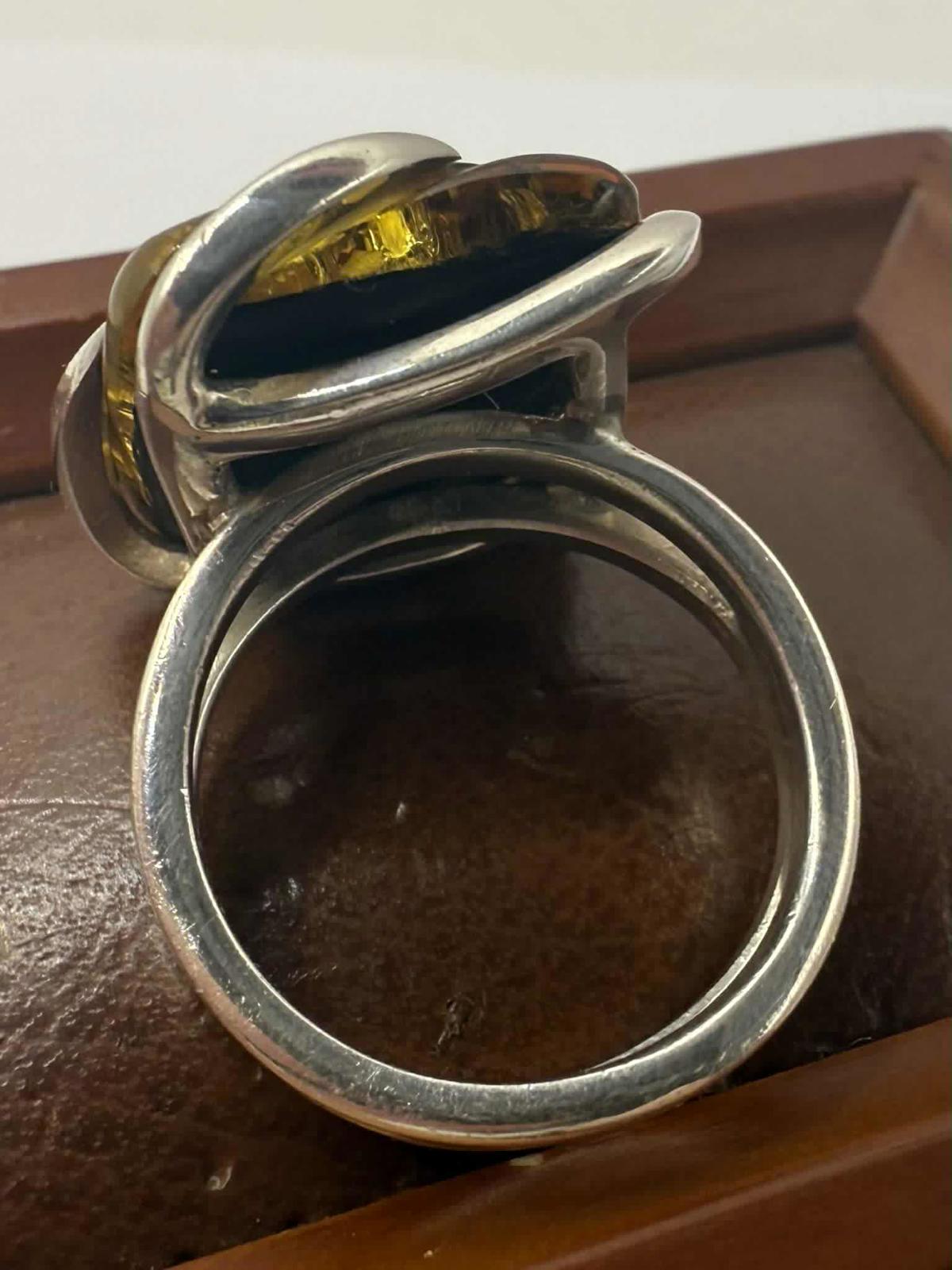Quality 925 Sterling Silver Amber Set Ring • Size - N • 7.70 Grams
