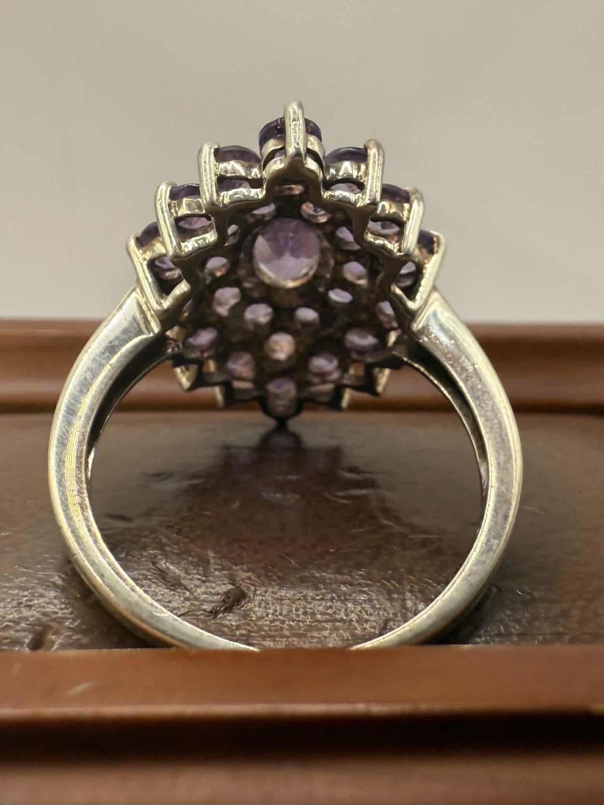 Quality 925 Sterling Silver Amethyst Set Cluster Ring • Size - P • 4.26 Grams