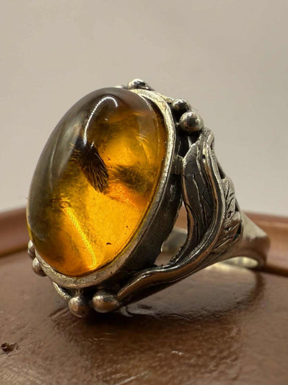 Quality 925 Sterling Silver Amber Set Ring • Size - N • 5.11 Grams