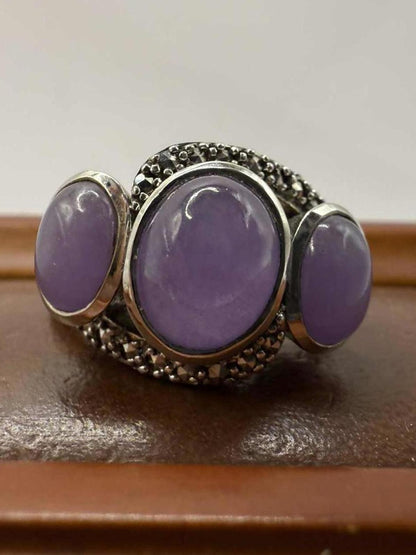Quality 925 Sterling Silver Purple Stone Trilogy Ring • 7.21 Grams • Size - T