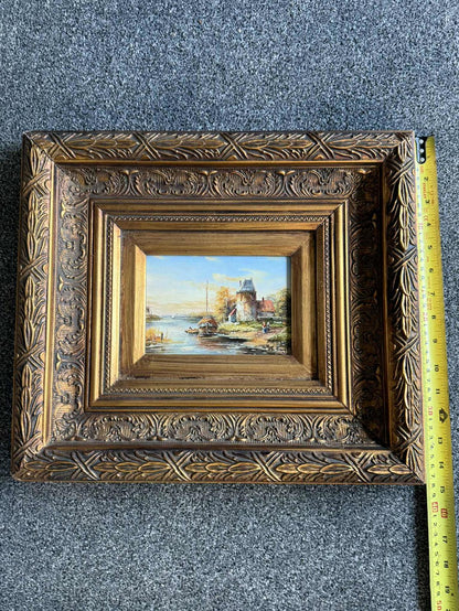 Vintage Framed Oil Painting Of Dutch Boats & Wind Mill - Signed - "Ivor Brough"