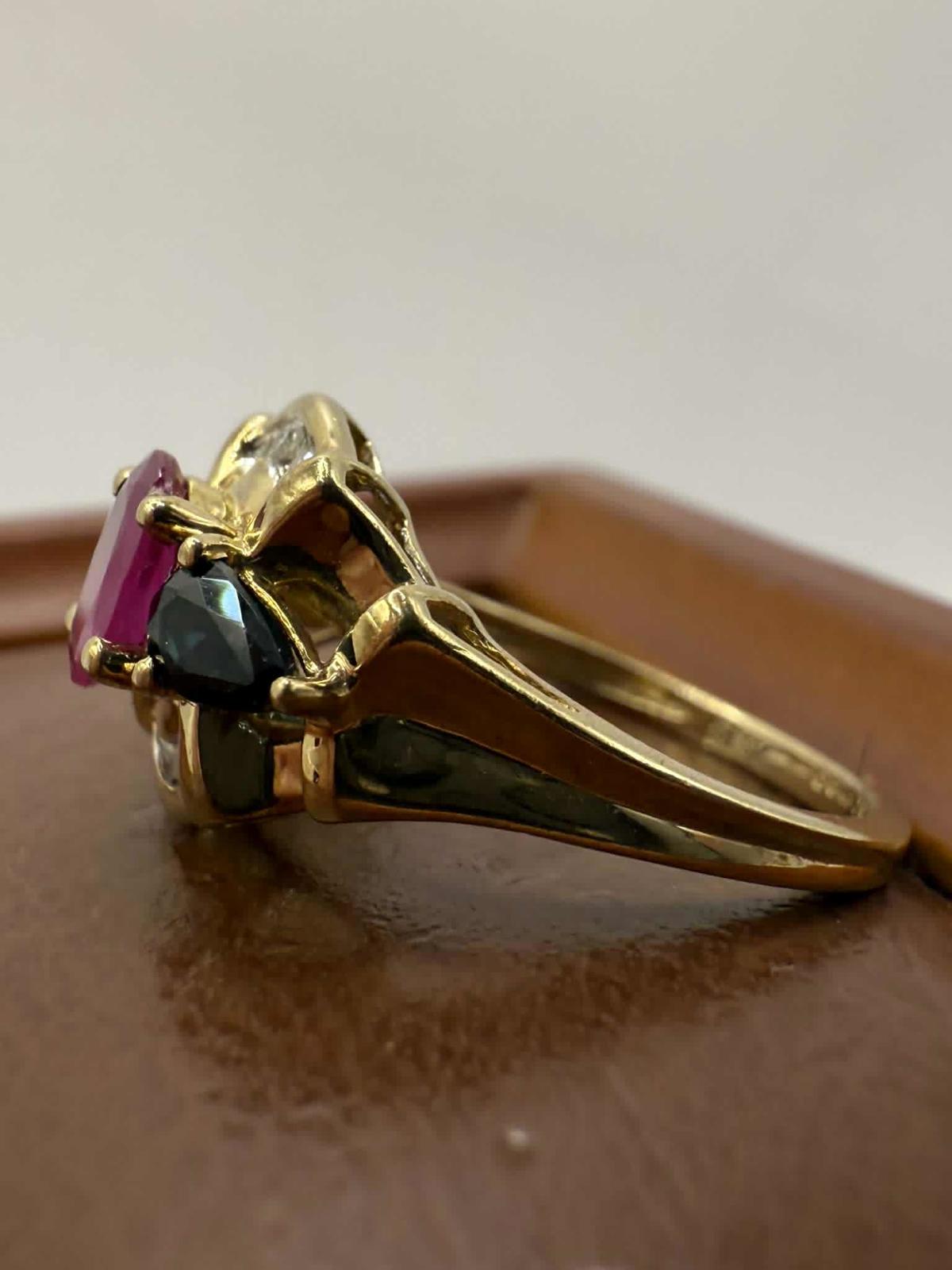 Quality 9ct Yellow Gold Ruby, Emerald, Sapphire & Diamond Set Ring • Size - L½