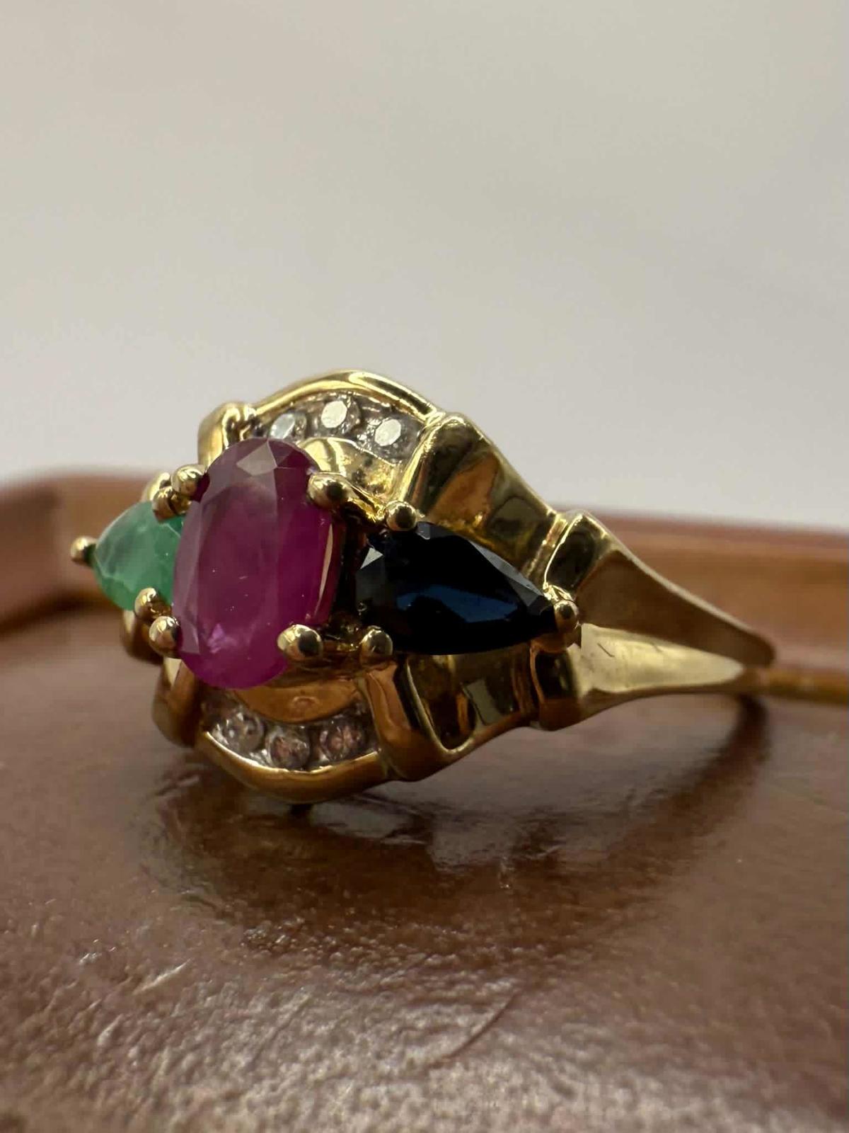 Quality 9ct Yellow Gold Ruby, Emerald, Sapphire & Diamond Set Ring • Size - L½
