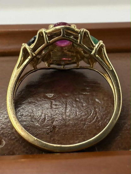 Quality 9ct Yellow Gold Ruby, Emerald, Sapphire & Diamond Set Ring • Size - L½