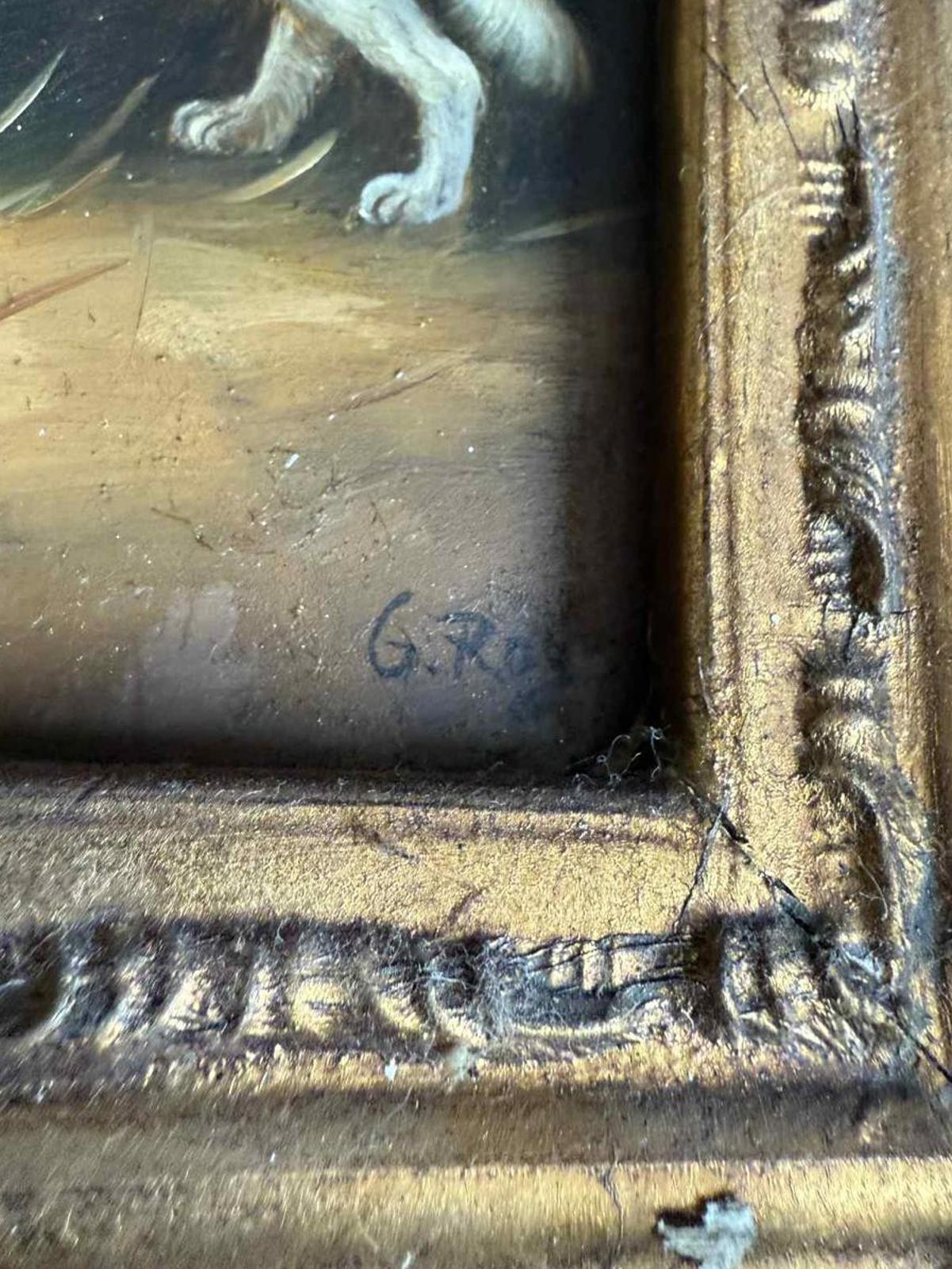 Charming Vintage Dog Painting in Ornate Frame - Singed "G Roy"