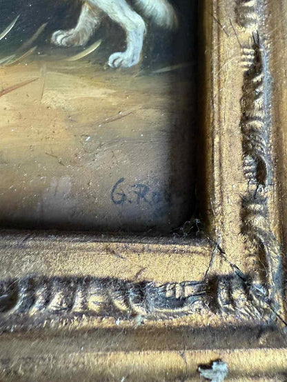 Charming Vintage Dog Painting in Ornate Frame - Singed "G Roy"