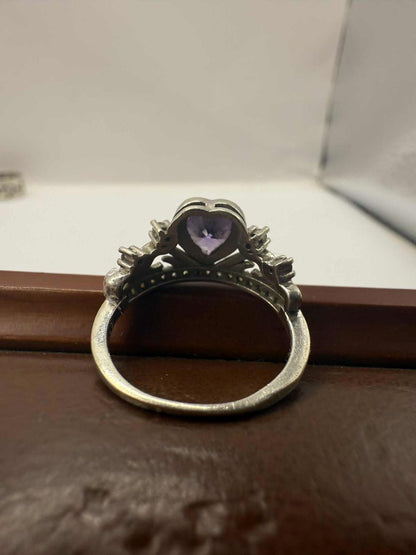 Quality 925 Sterling Silver Amethyst Set Crown Ring • 2.52 Grams • Size - M