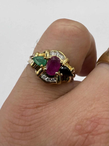 Quality 9ct Yellow Gold Ruby, Emerald, Sapphire & Diamond Set Ring • Size - L½