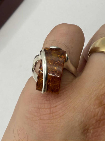 Quality 925 Sterling Silver Amber Set Ring• Size - S • 5.78 Grams