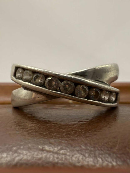Quality 925 Silver White Stone Set Cross Over Ring • Size - P • 4.33 Grams