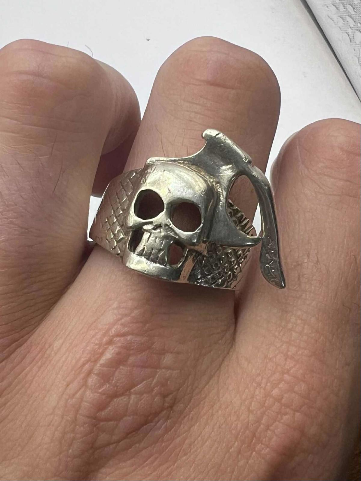 Quality 925 Sterling Silver Axe In Skull Ring • 14.40 Grams • Size - X