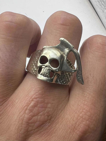 Quality 925 Sterling Silver Axe In Skull Ring • 14.40 Grams • Size - X