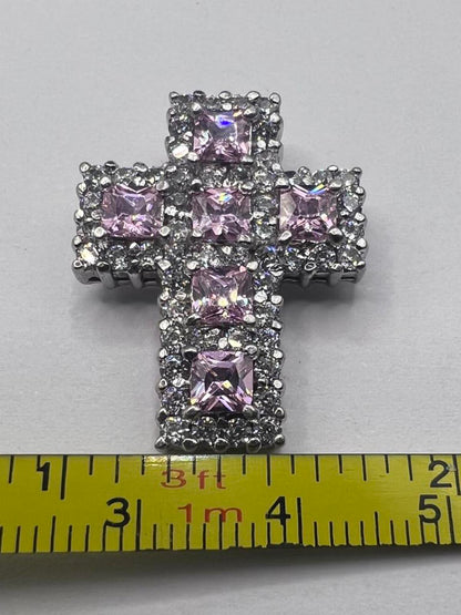 Quality 925 Sterling Silver Pink Stone Set Cross Pendant - 6.79 Grams