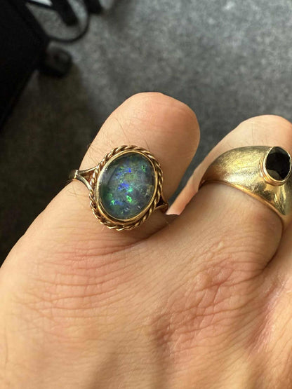 Vintage 9ct Yellow Gold Fiery Doublet Opal Ring • Size - N • 3.05 Grams
