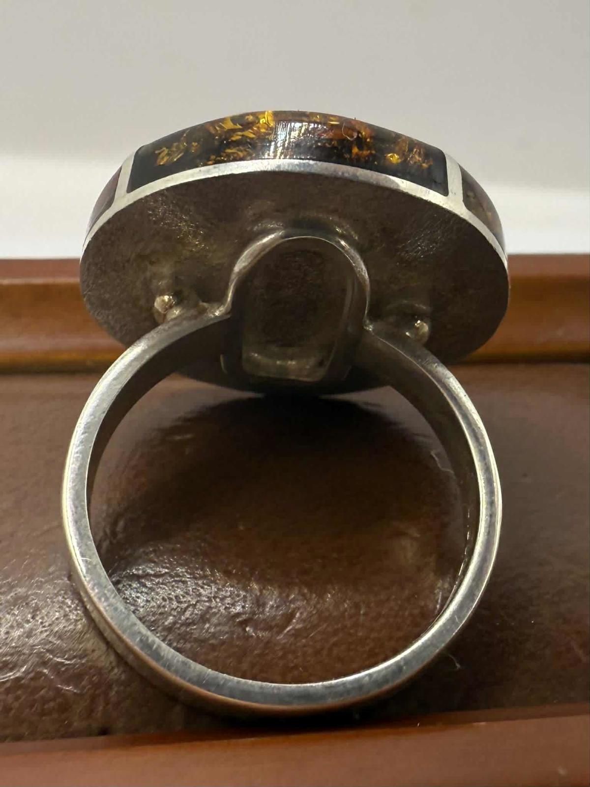 Quality 925 Sterling Silver Amber Mosaic Ring • Size - Q • 9.03 Grams