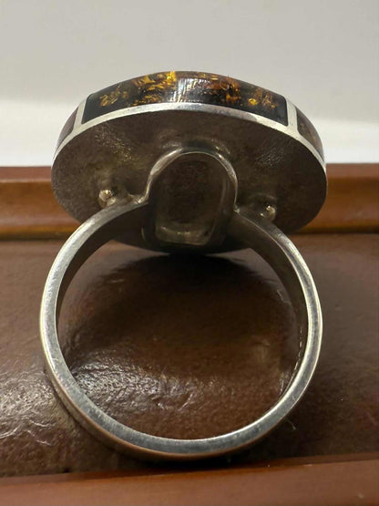 Quality 925 Sterling Silver Amber Mosaic Ring • Size - Q • 9.03 Grams