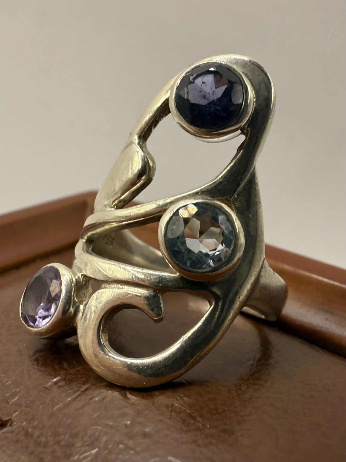 Quality 925 Sterling Silver Multi Gem Set Ring • Size - M • 6.17 Grams