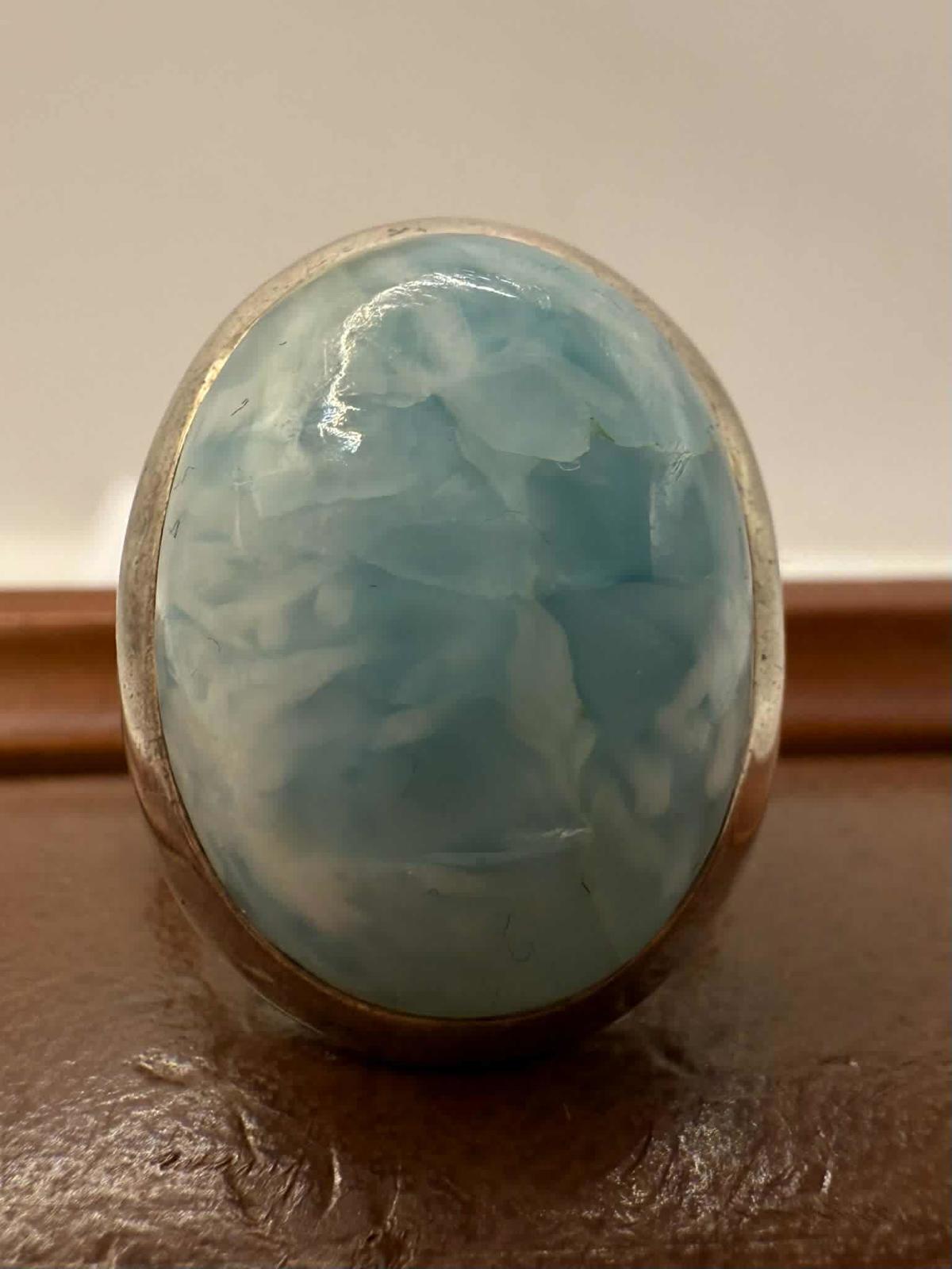 Quality 925 Sterling Silver Larimar Set Ring • Size - N • 7.75 Grams