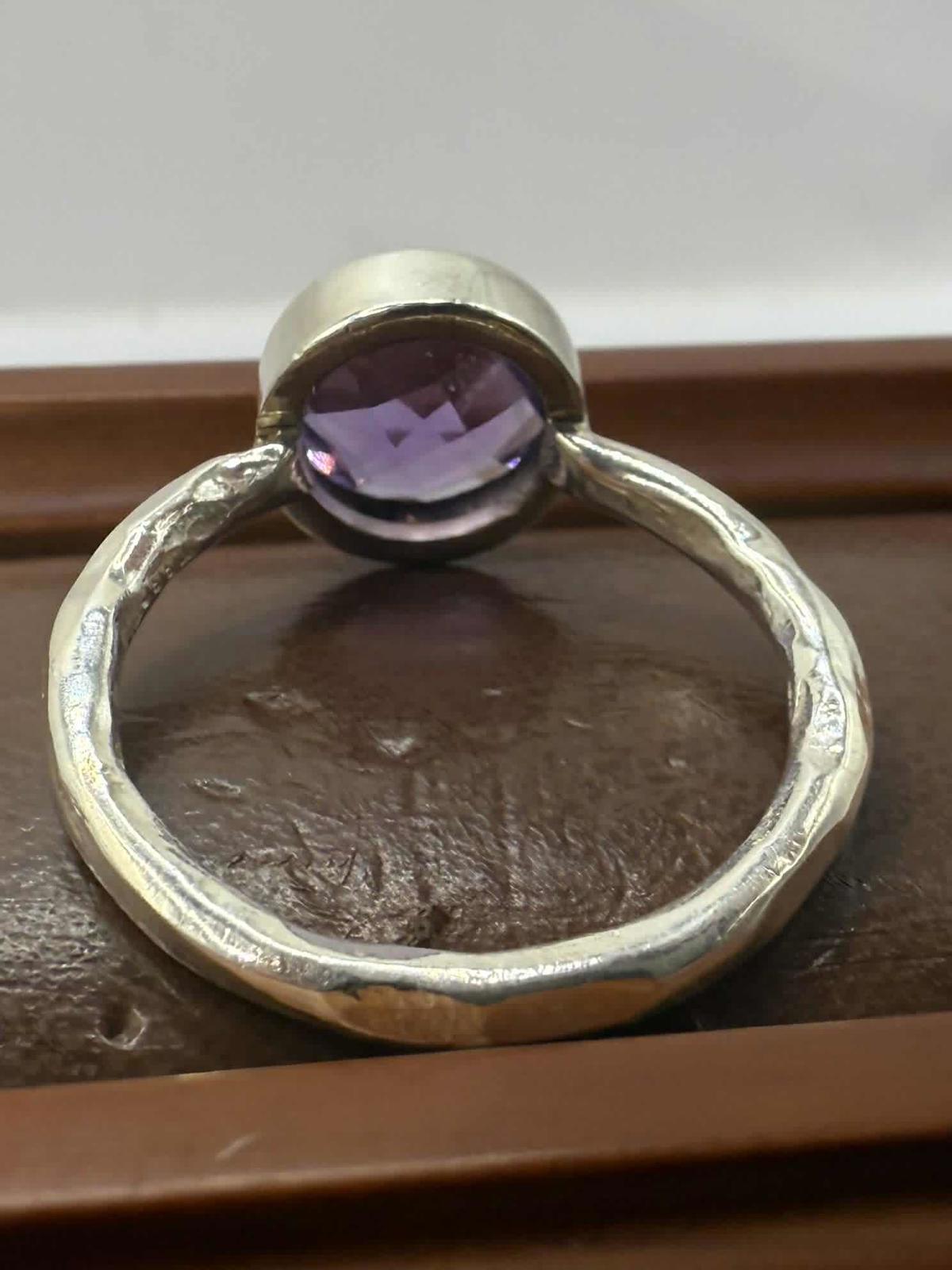 Quality 925 Silver Hammered Amethyst Set Ring • Size -  • 3.70 Grams • Size - R½