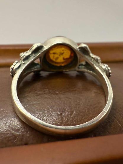 Quality 925 Sterling Silver Amber Set Ring • Size - O½  • 3.21 Grams