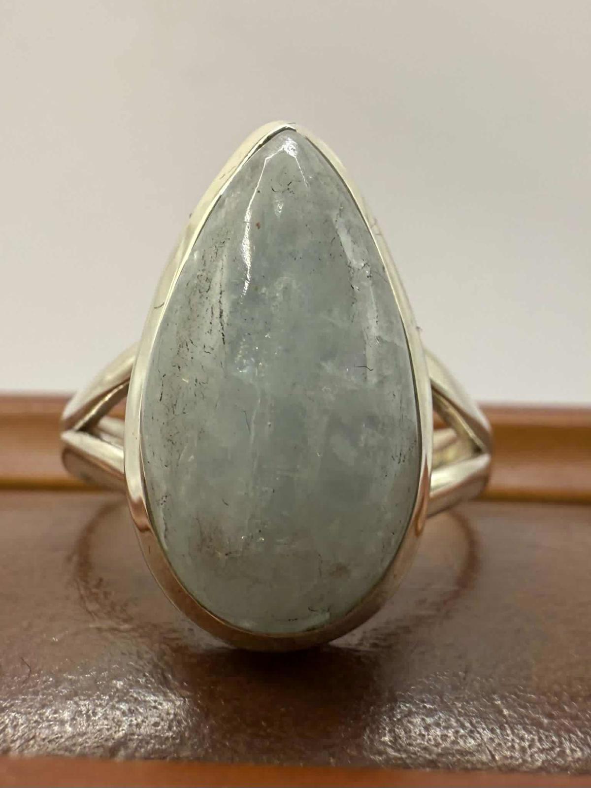 Quality 925 Sterling Silver Aquamarine Crystal Set Ring • Size - T • 6.04 Grams