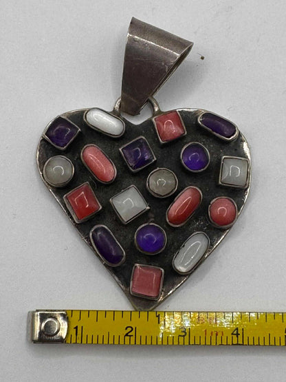 Quality 925 Sterling Silver Multi Gem Set Heart Pendant • 34.63 Grams