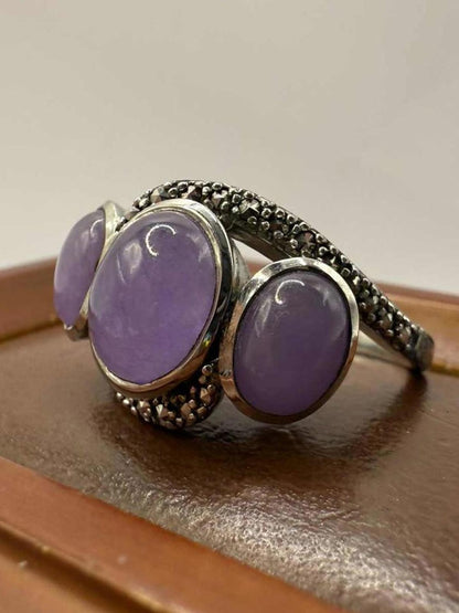 Quality 925 Sterling Silver Purple Stone Trilogy Ring • 7.21 Grams • Size - T
