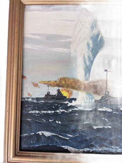 Dramatic Naval Battle Oil Painting - 1965 - Signed "H Johnson"