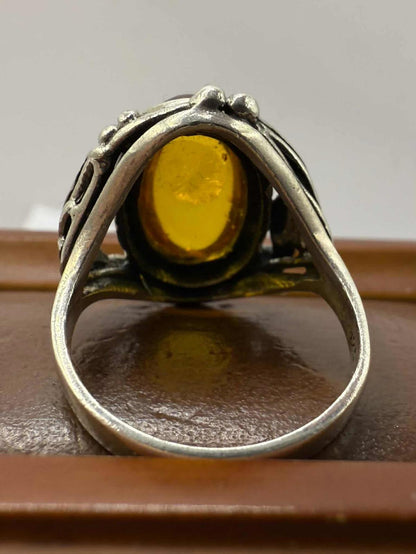 Quality 925 Sterling Silver Amber Set Ring • Size - N • 5.11 Grams