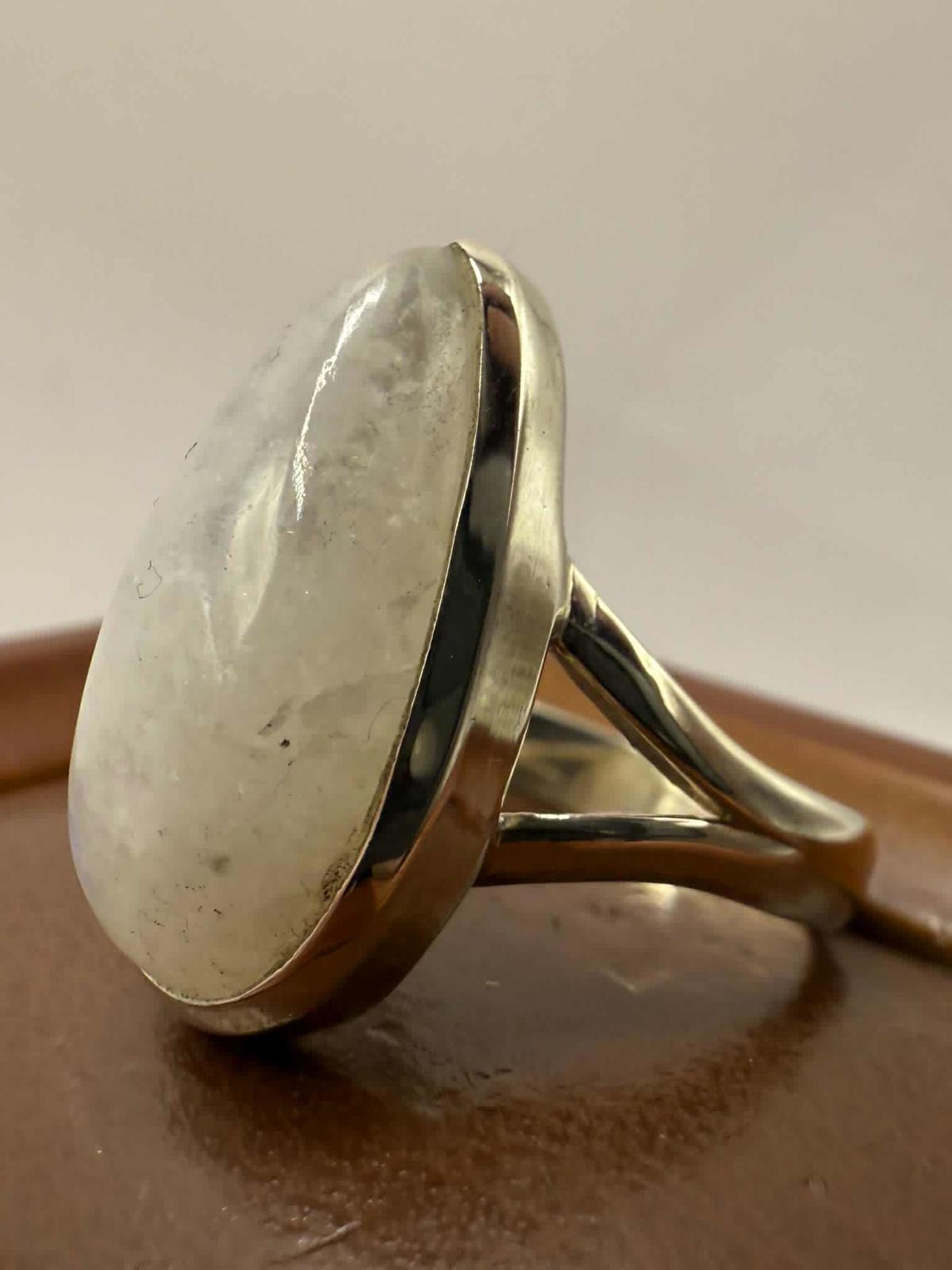 Quality 925 Sterling Silver Moonstone Set Ring • Size - P • 6.05 Grams