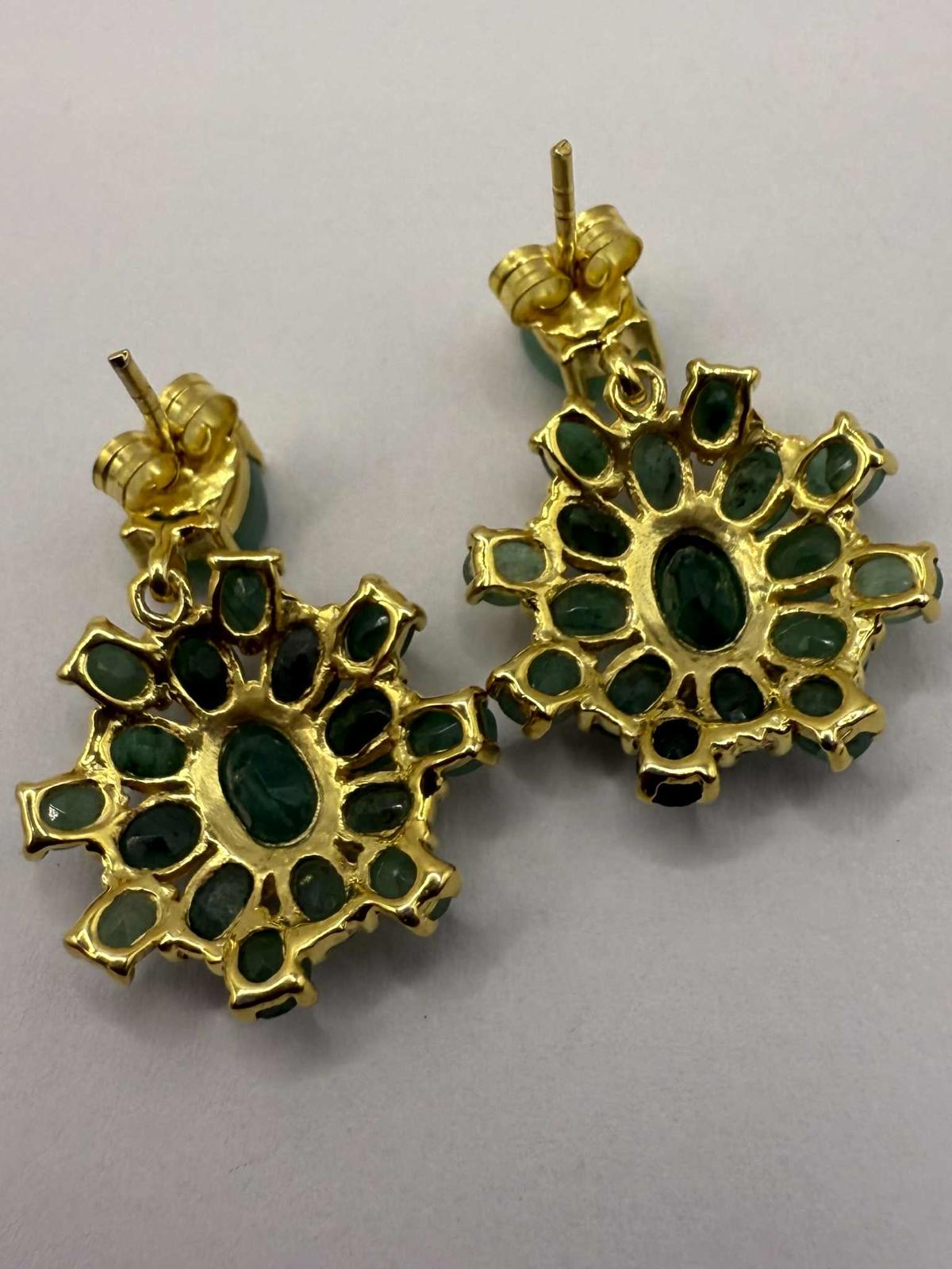 Quality 925 Gold Plated Emerald Cluster Dangle Earrings - 6.19 Grams