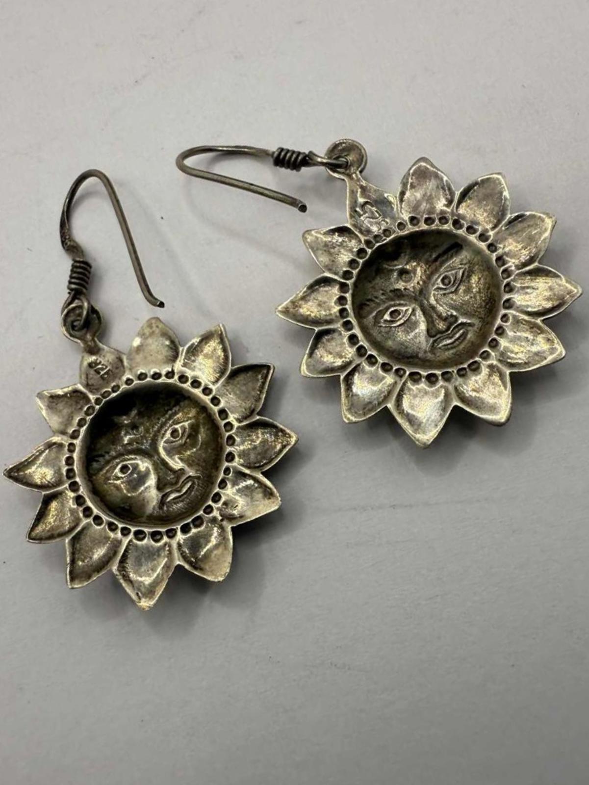 Quality 925 Sterling Silver Sun Face Dangle Earrings• 3.26 Grams