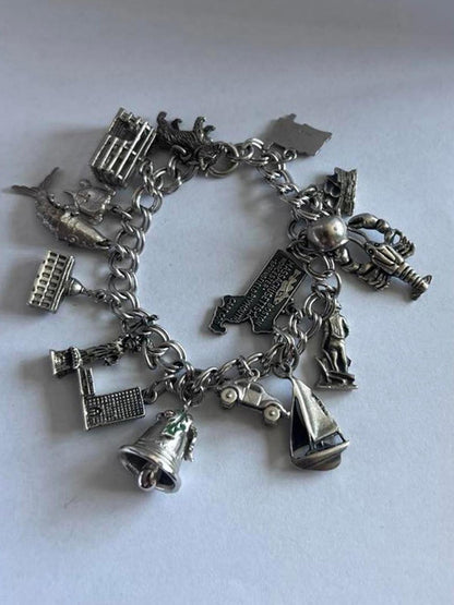 Vintage 925 Sterling Silver USA Themed Charm Bracelet - 47.87 Grams