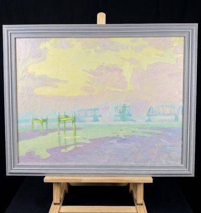 Impressionist Breydon Viaduct At Dusk Oil Painting - Roy Hodds