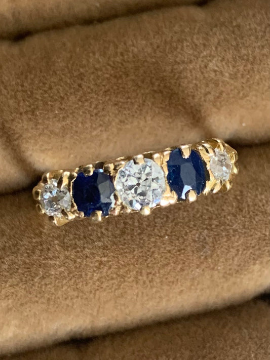 Antique 18ct Yellow Gold Old Mine Cut Diamond & Oval Sapphire Ring ~ Size - N