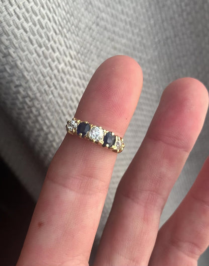 Antique 18ct Yellow Gold Old Mine Cut Diamond & Oval Sapphire Ring ~ Size - N