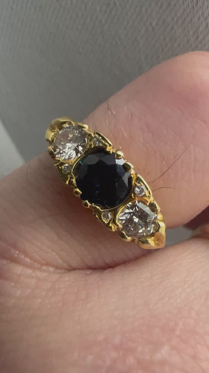Antique 18ct Gold 1.00ct Sapphire & 0.50ct Diamond Trilogy Ring - M½