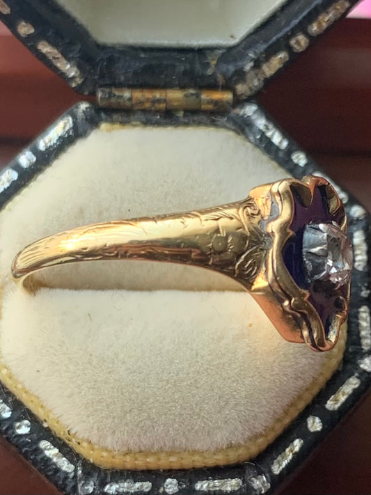 Antique 1915 18ct Diamond Set Enamel Mourning Ring - Q