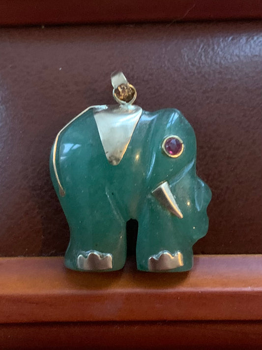 14ct Jade Elephant Pendant Ruby Set Eye