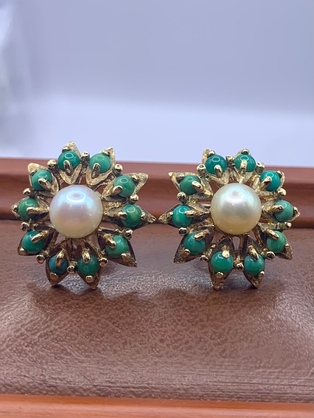 Heavy 9ct Pearl & Turquoise Earrings