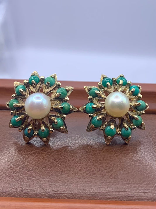 Heavy 9ct Pearl & Turquoise Earrings