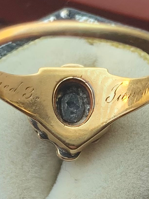 Antique 1915 18ct Diamond Set Enamel Mourning Ring - Q