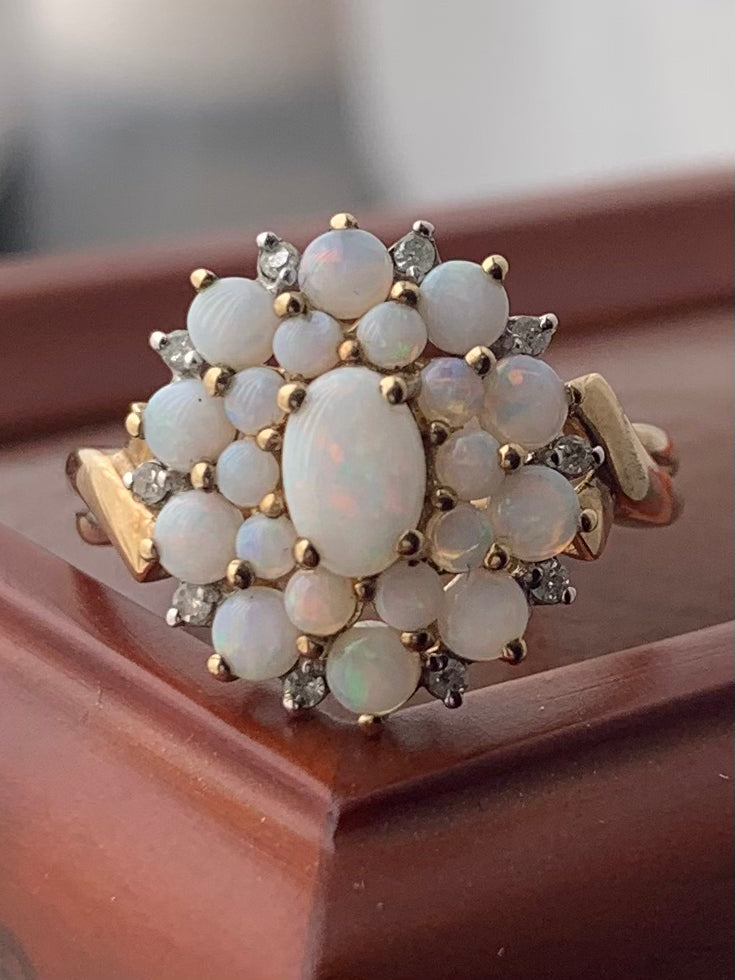 9ct Opal & Diamond Cluster Ring - O