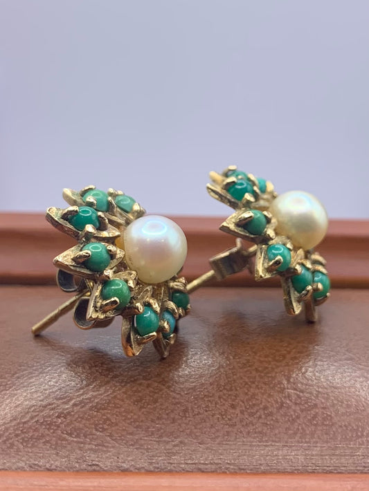 Heavy 9ct Pearl & Turquoise Earrings